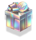 gift box with a shiny
ribbon and bow, made from a reflective, polished
metallic surface with iridescent colors